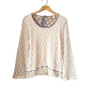 Vintage Boho Crochet Lace Sweater with Fringe Made In USA cream size large